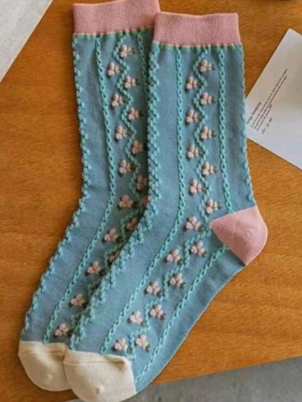 Blue Floral Cable Knit Novelty Crew Mid-calf Socks with Pink Accents